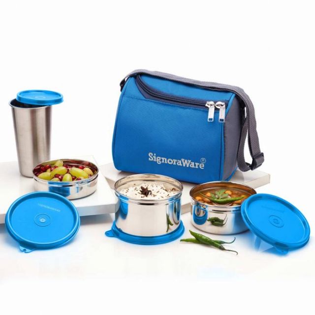 Signoraware - Best Steel Lunch Box With Steel Tumbler (Capacity 500ml + 350ml + 200ml + 370ml) Blue - 3512