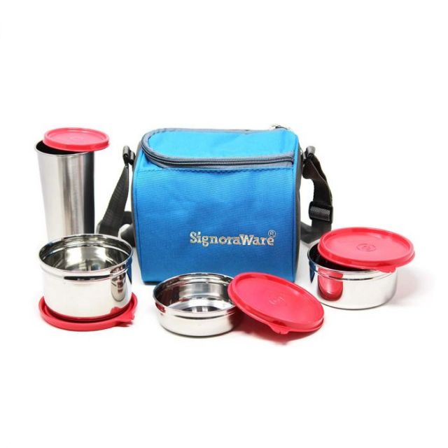 Signoraware - Best Steel Lunch Box With Steel Tumbler (Capacity 500ml + 350ml + 200ml + 370ml) Red - 3512